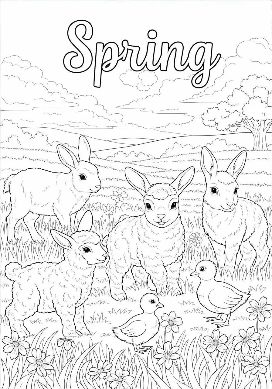 Desenho de Primavera com Coelhos e Ovelhas para Colorir