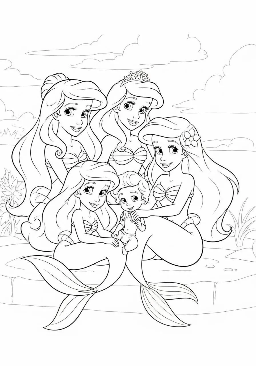 Pagina da colorare di Ariel e le sue amiche sirene