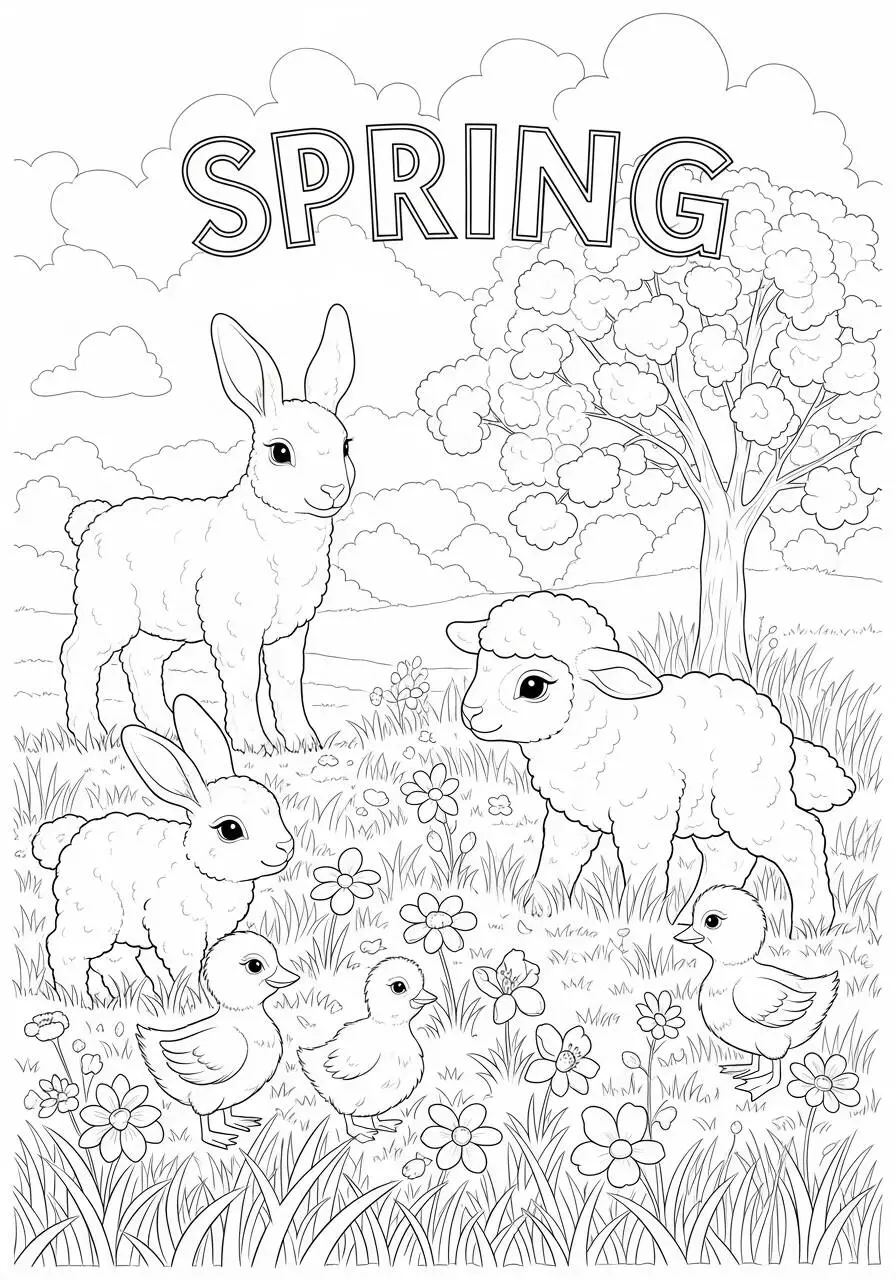 Desenho de Primavera com Coelhos, Cordeiros e Pássaros para Colorir