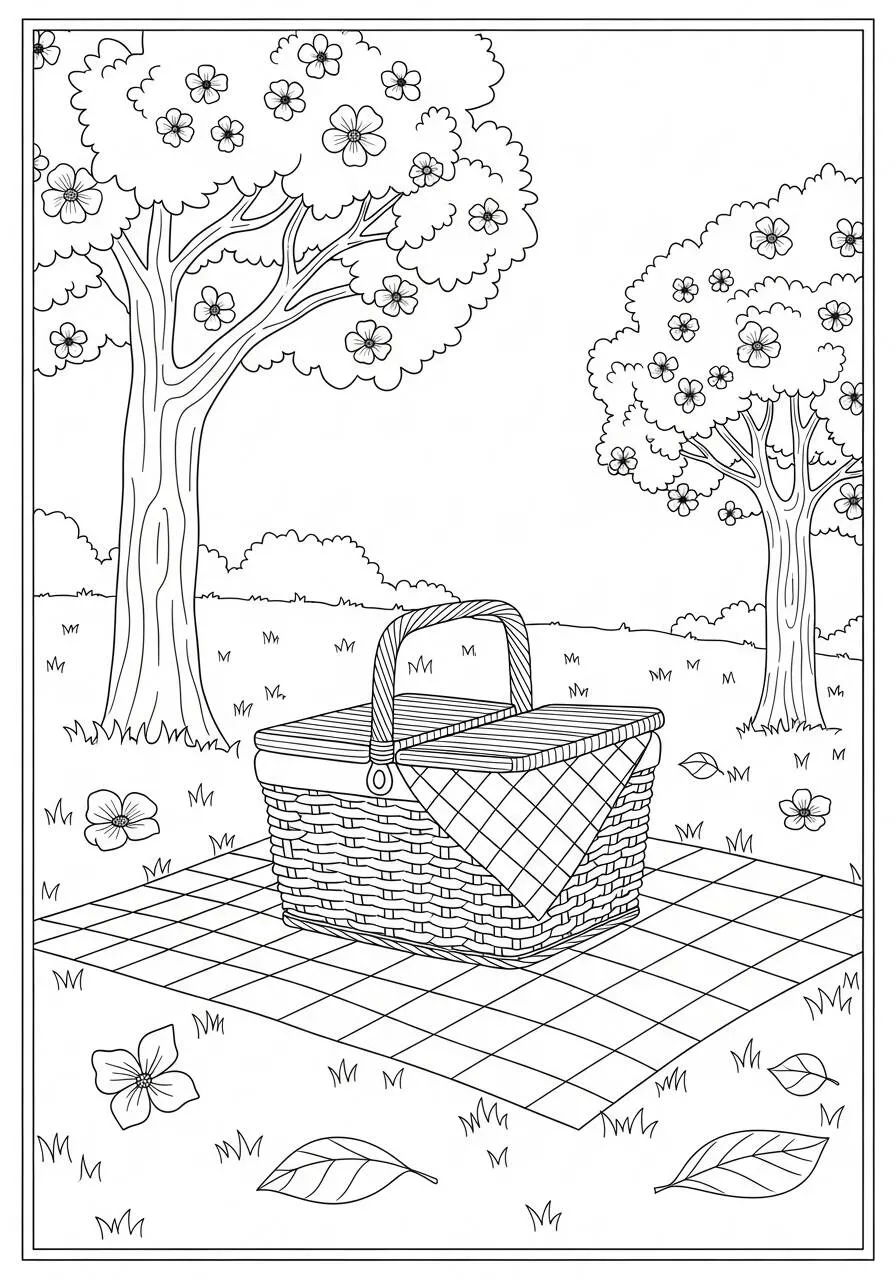 Desenho de Primavera com Cesta de Piquenique e Árvores Floridas para Colorir