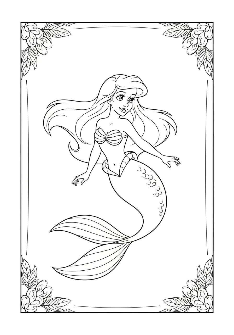 ariel la sirena para colorear con flores