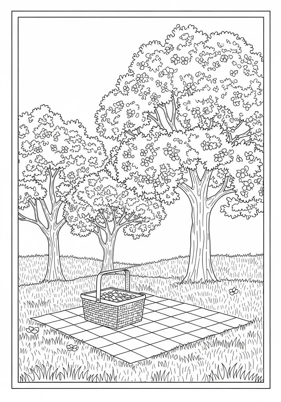 Desenho de Primavera com Cesta de Piquenique e Árvores para Colorir