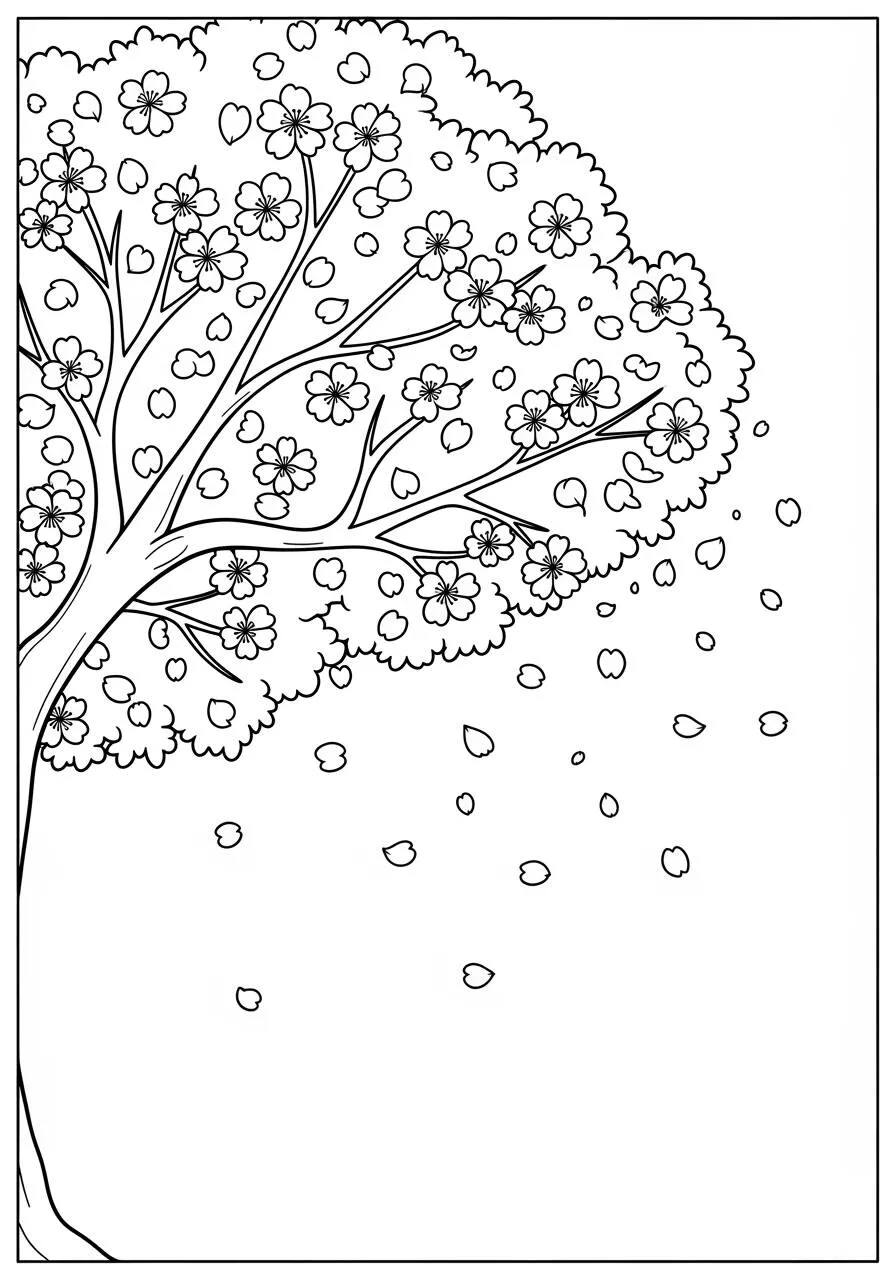 Desenho de Primavera com Árvore Florida e Pétalas Caindo para Colorir