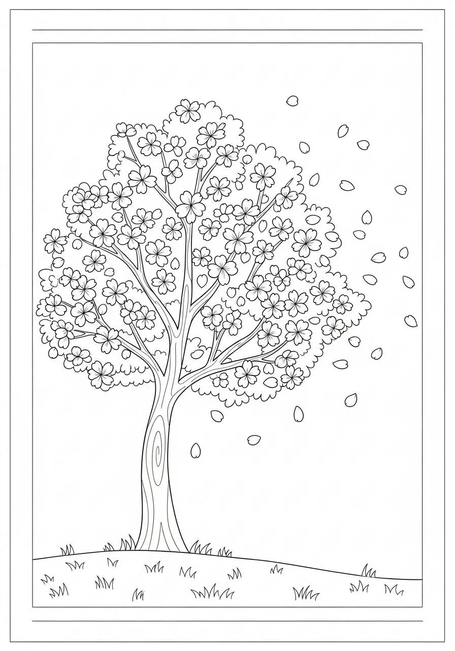 Desenho de Primavera com Árvore Florida e Pétalas Caindo para Colorir