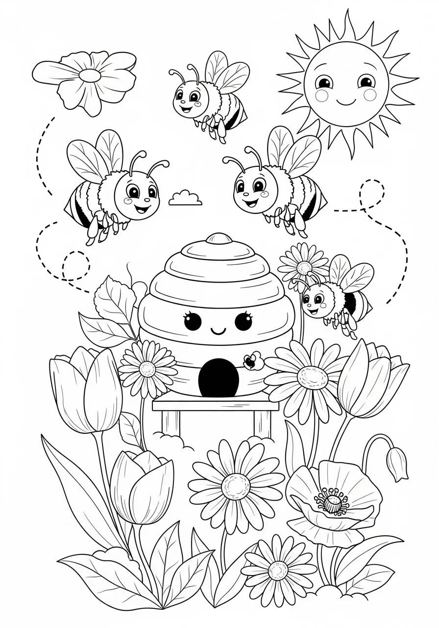Desenho de Primavera com Abelha e Flores para Colorir