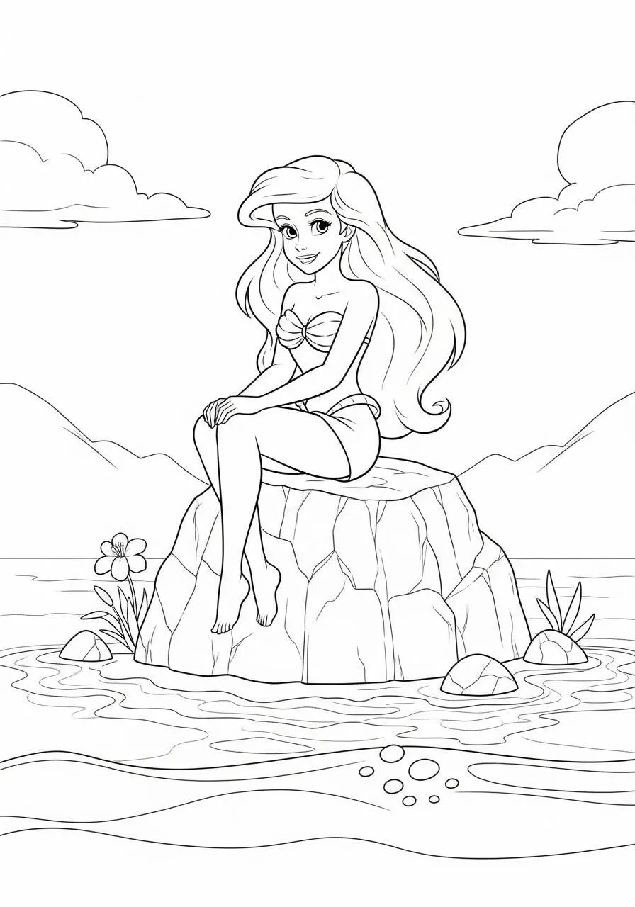 Dibujo de ariel, sirena sentada en la roca para colorear