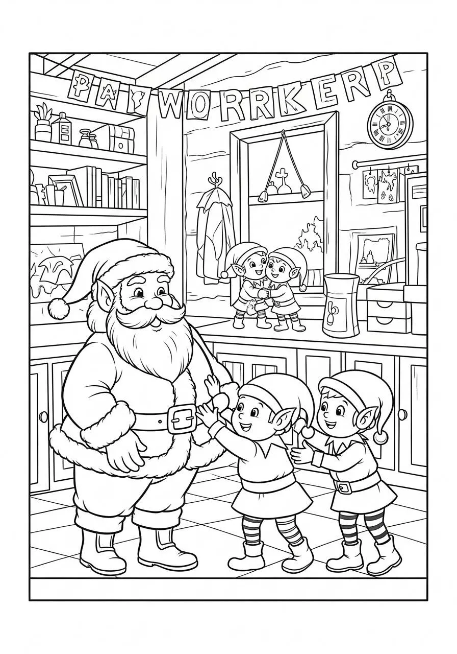 Desenho de Papai Noel com Duendes para Colorir