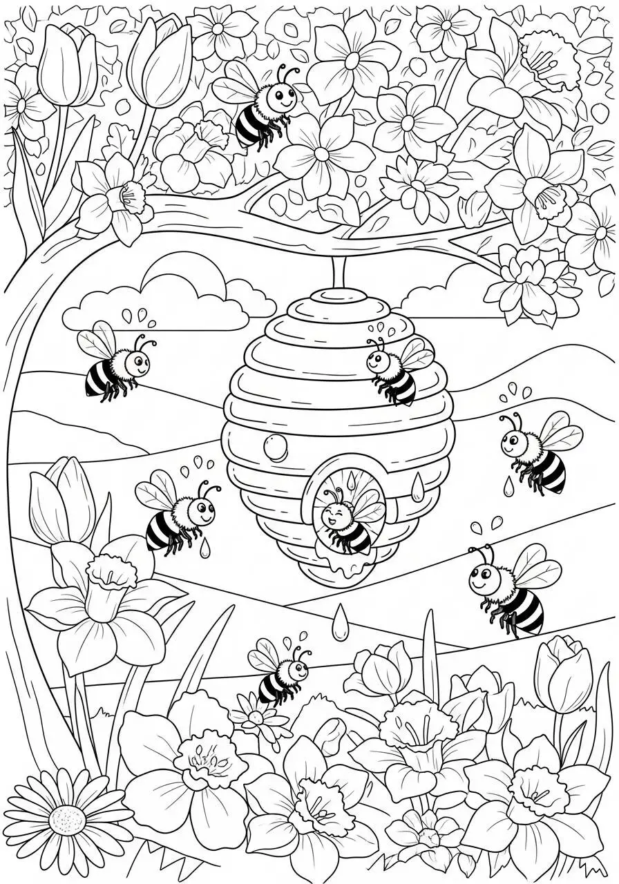 Desenho de Primavera com Abelhas e Flores para Colorir
