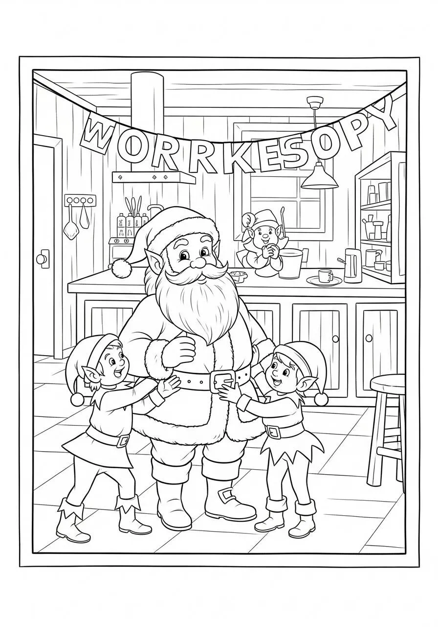 Desenho de Papai Noel com Duendes na Cozinha para Colorir