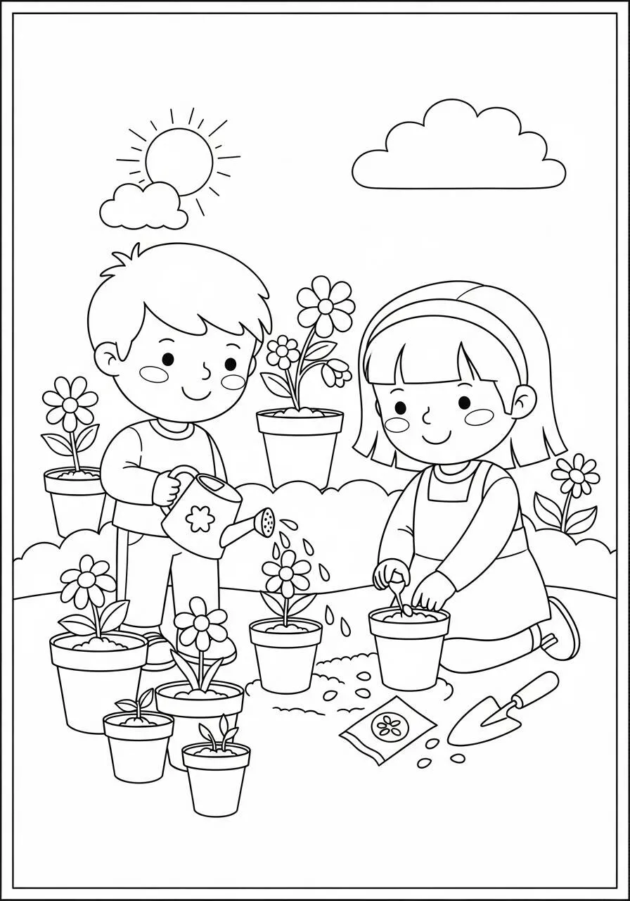 Desenho de Primavera com Crianças Plantando Flores para Colorir