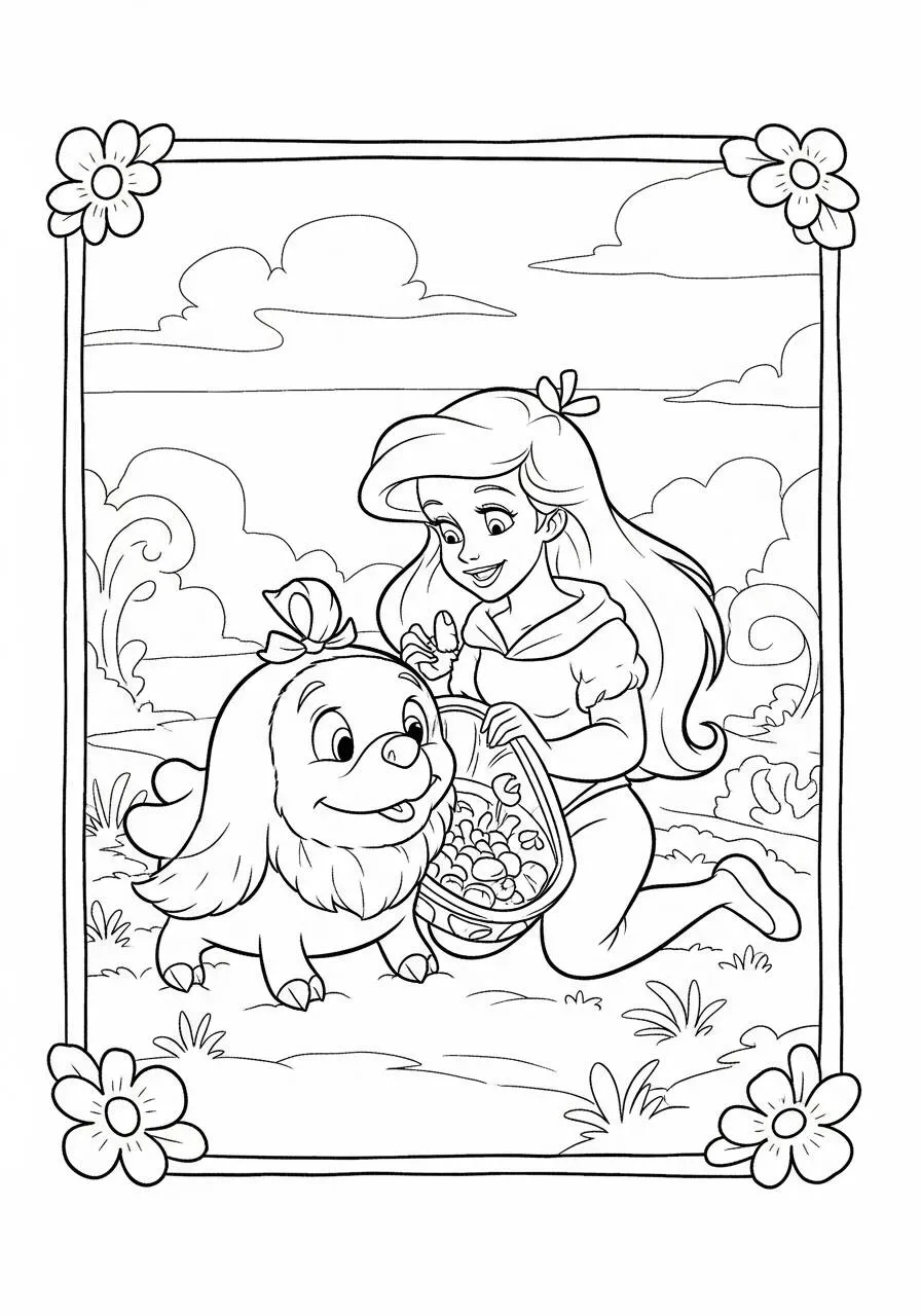 Dibujo para colorear de ariel con platija y un leoncito