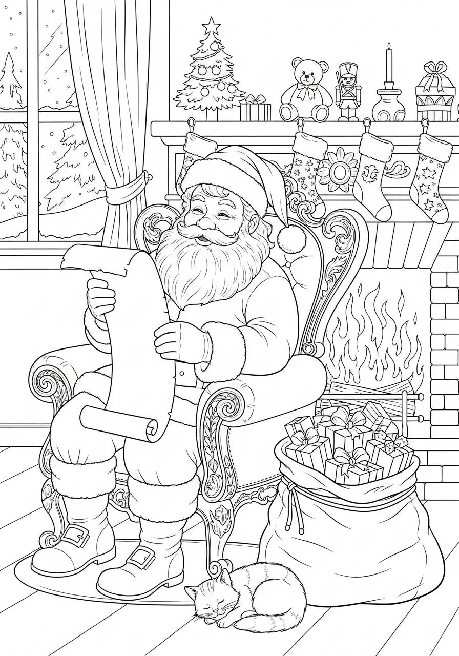 Desenho de Papai Noel Lendo a Lista de Presentes para Colorir