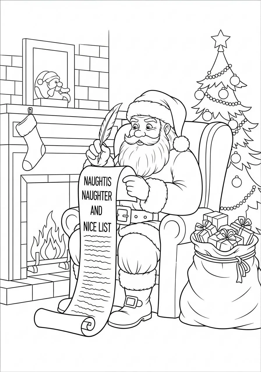 Desenho de Papai Noel Lendo a Lista de Presentes para Colorir