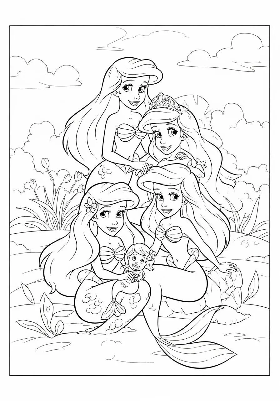 Dibujo para colorear de ariel y sus amigas sirenas