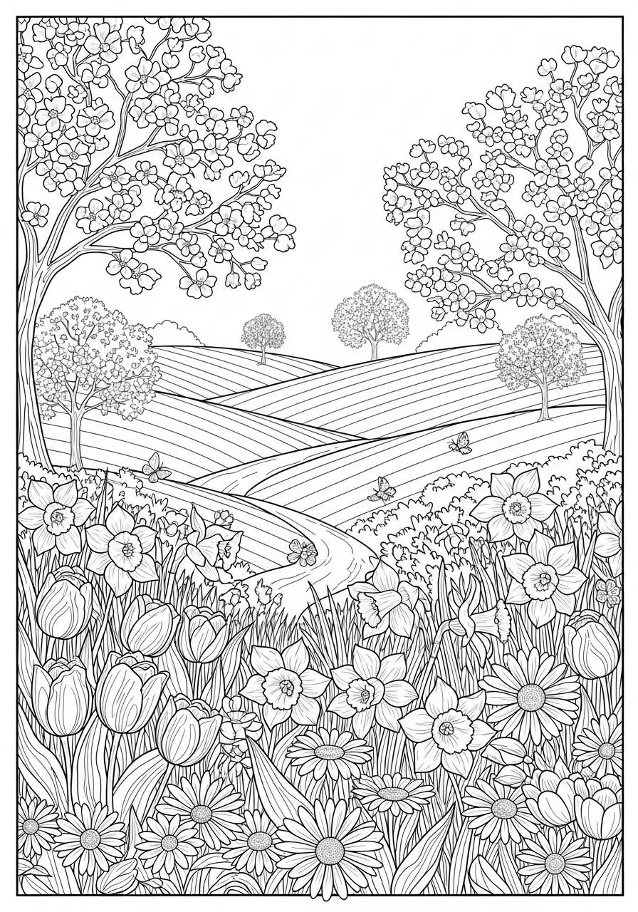Desenho de Primavera com Campos Floridos e Borboletas para Colorir
