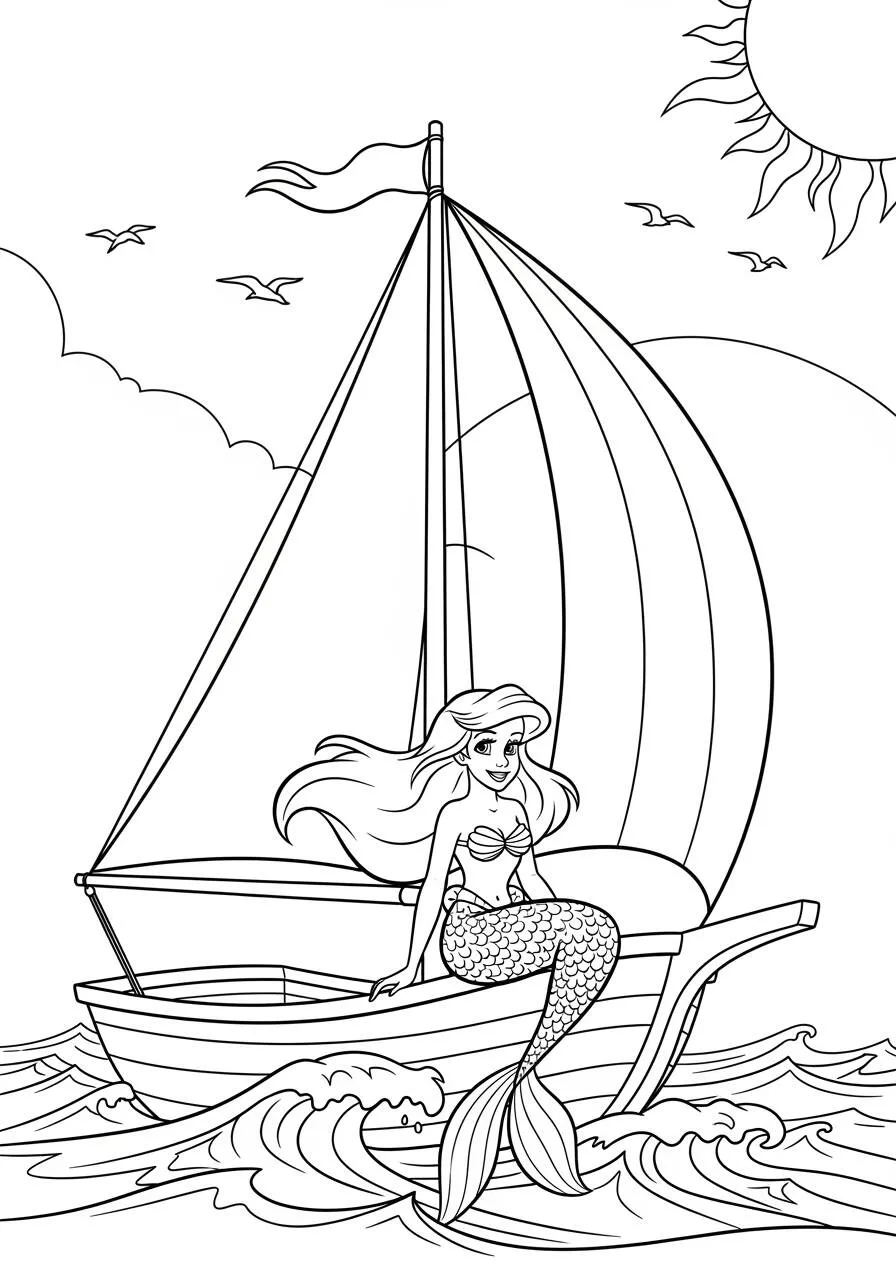 Dibujo para colorear de ariel, sirena sentada en un barco
