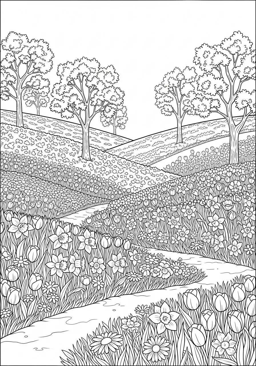 Desenho de Primavera com Campo Florido e Árvores para Colorir