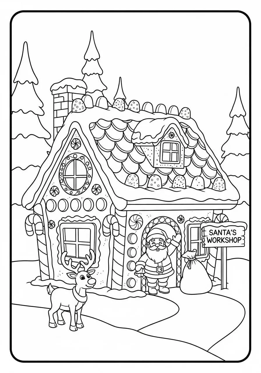 Desenho de Papai Noel na Oficina com Rena para Colorir