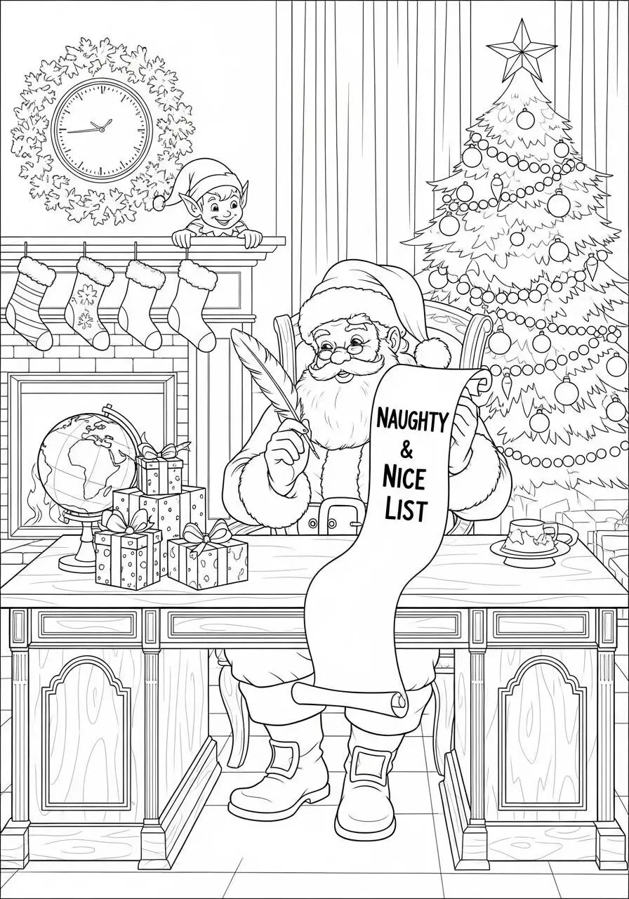Desenho de Papai Noel Fazendo a Lista de Bons e Maus para Colorir