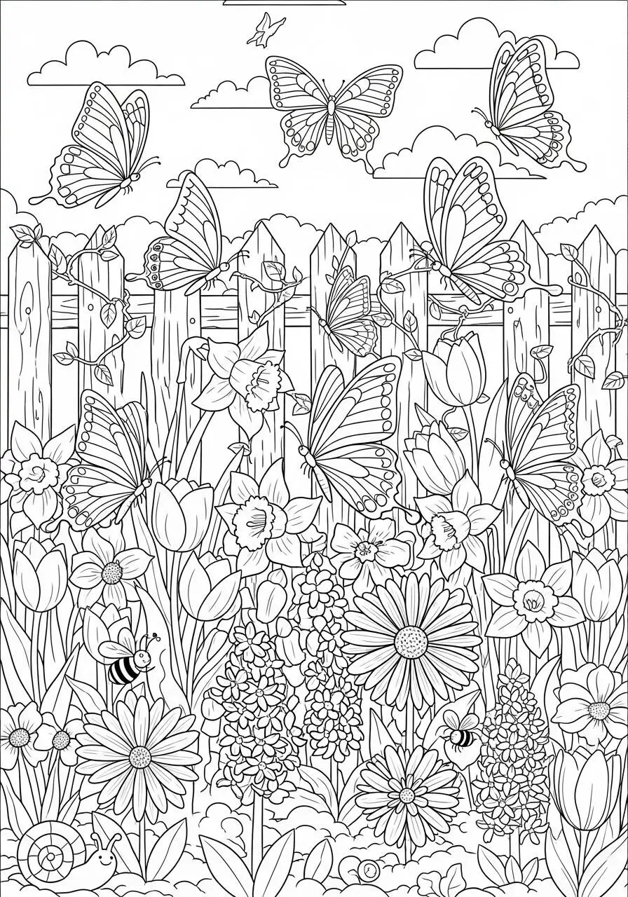Desenho de Primavera com Borboletas e Flores Coloridas para Colorir