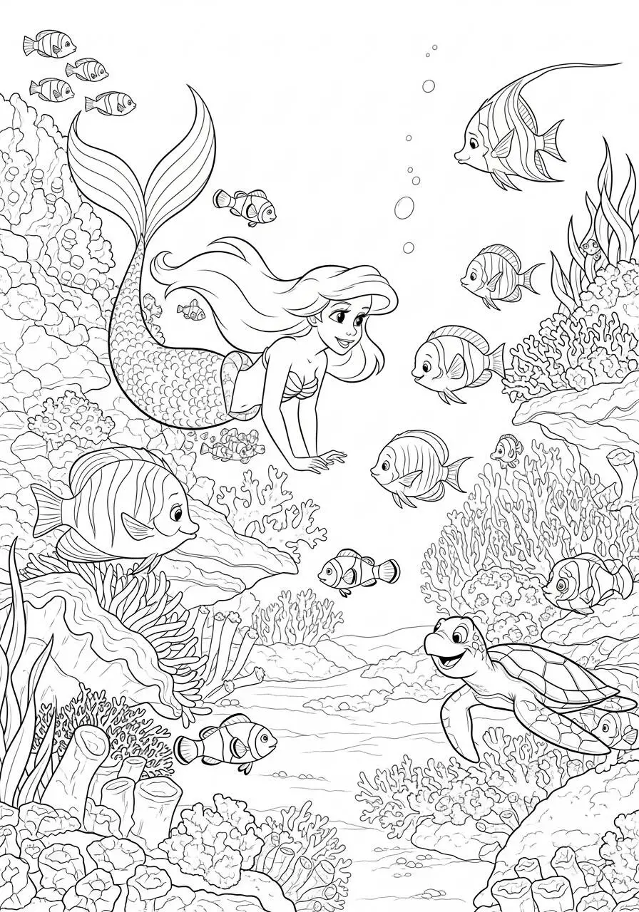 ariel con amigos del mar Dibujo para colorear