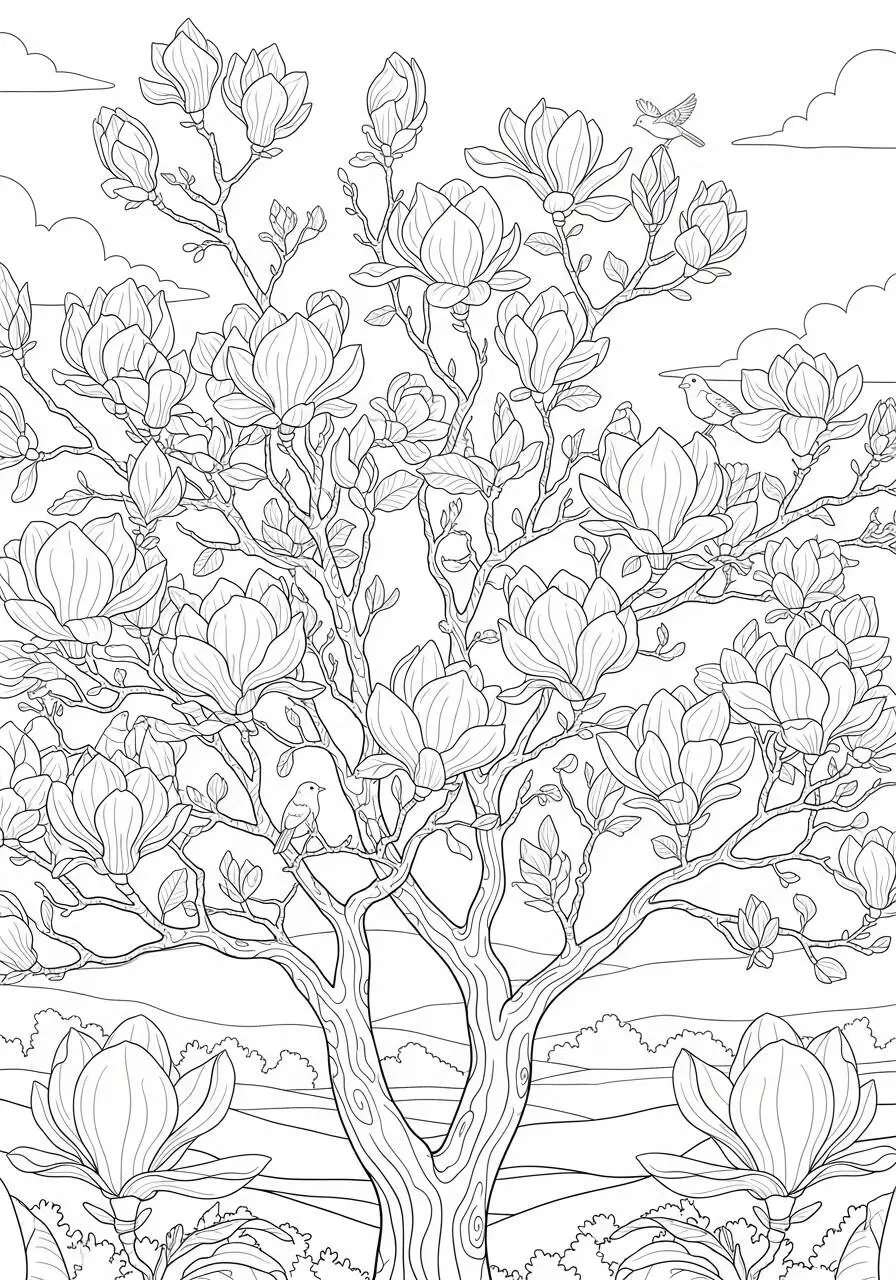 Desenho de Primavera com Árvore de Magnólia em Flor para Colorir