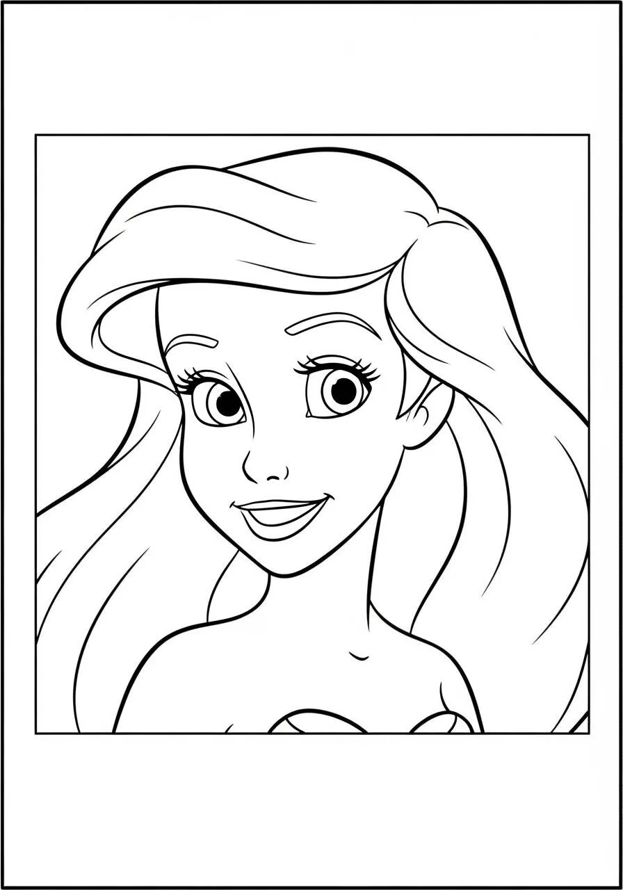 Dibujo para colorear de ariel con pelo largo y sonrisa radiante