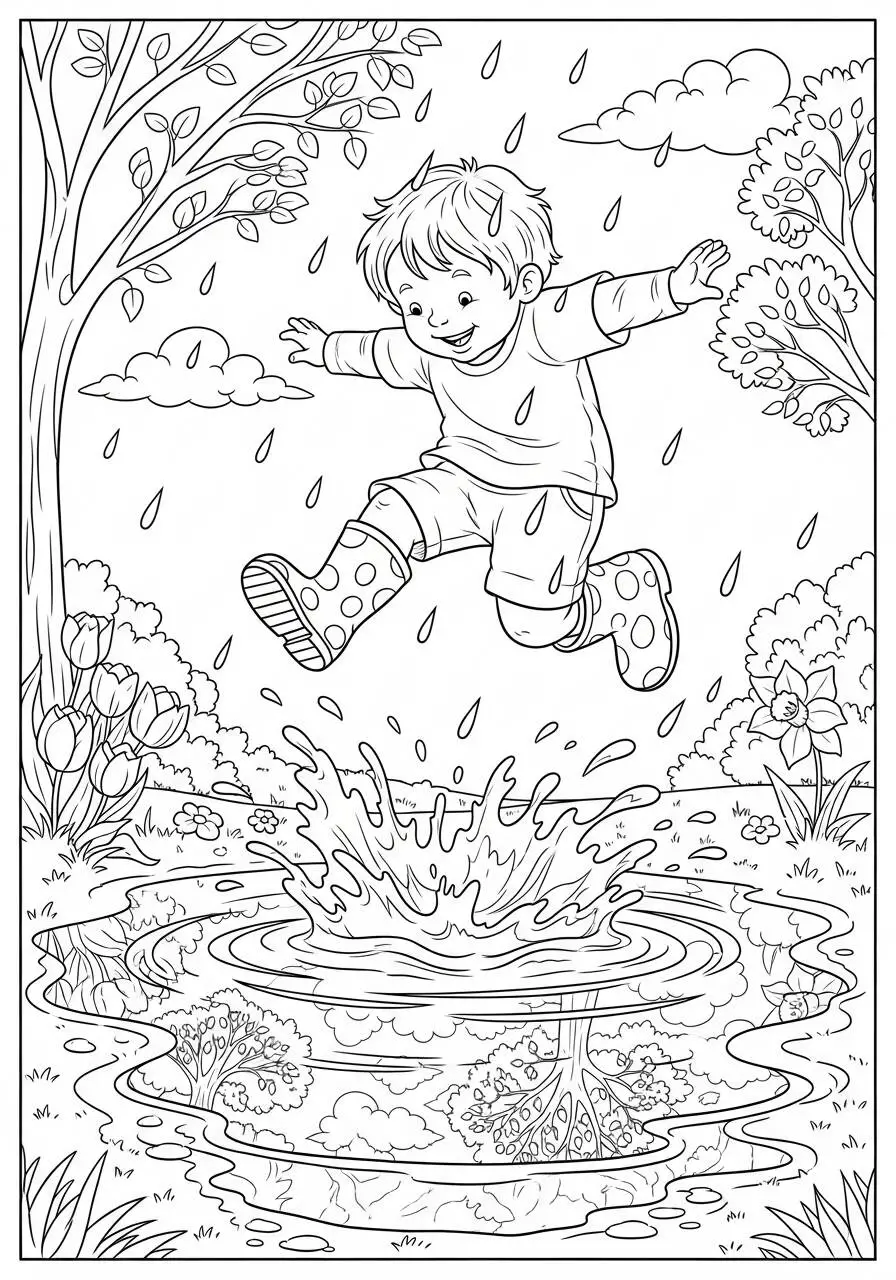 Desenho de Primavera com Criança Pulando em Poça para Colorir