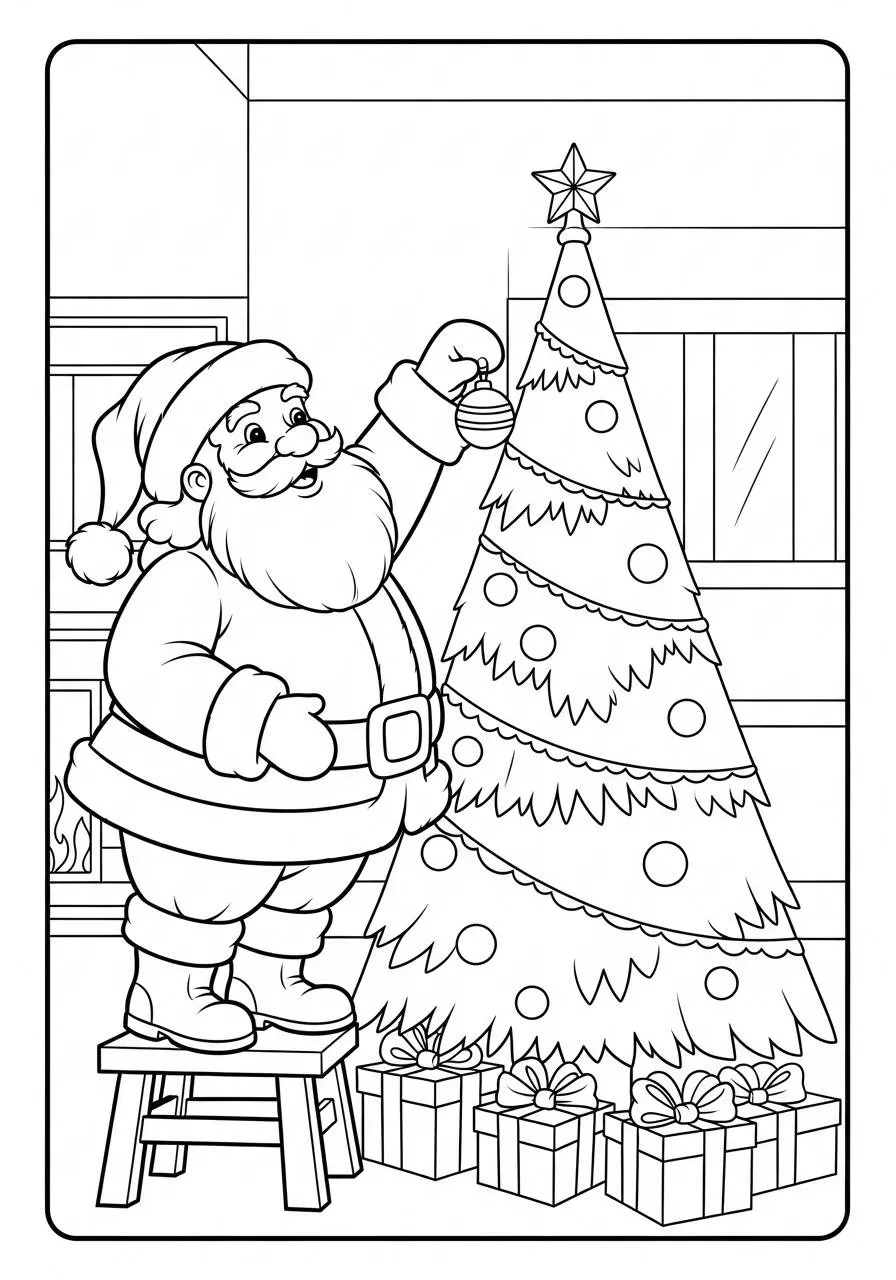 Desenho de Papai Noel Decorando a Árvore de Natal para Colorir