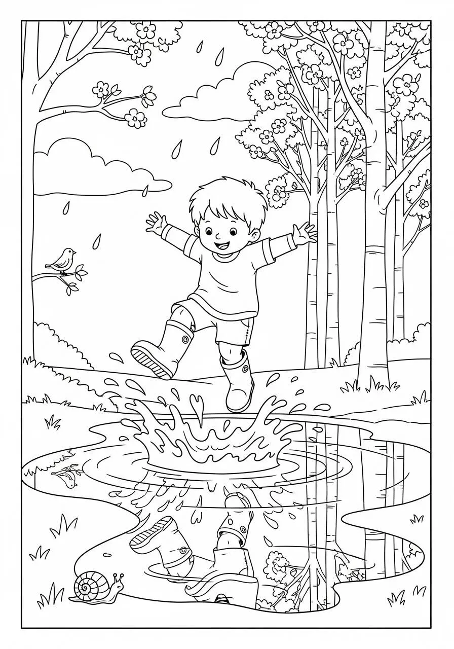 Desenho de Primavera com Criança Pulando em Poça para Colorir