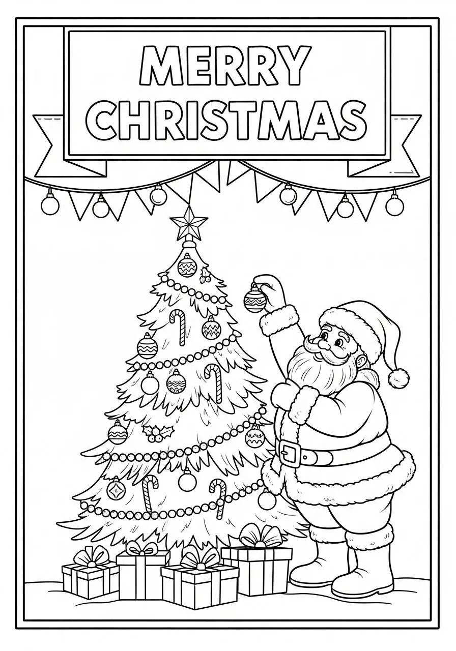 Desenho de Papai Noel Decorando a Árvore de Natal para Colorir