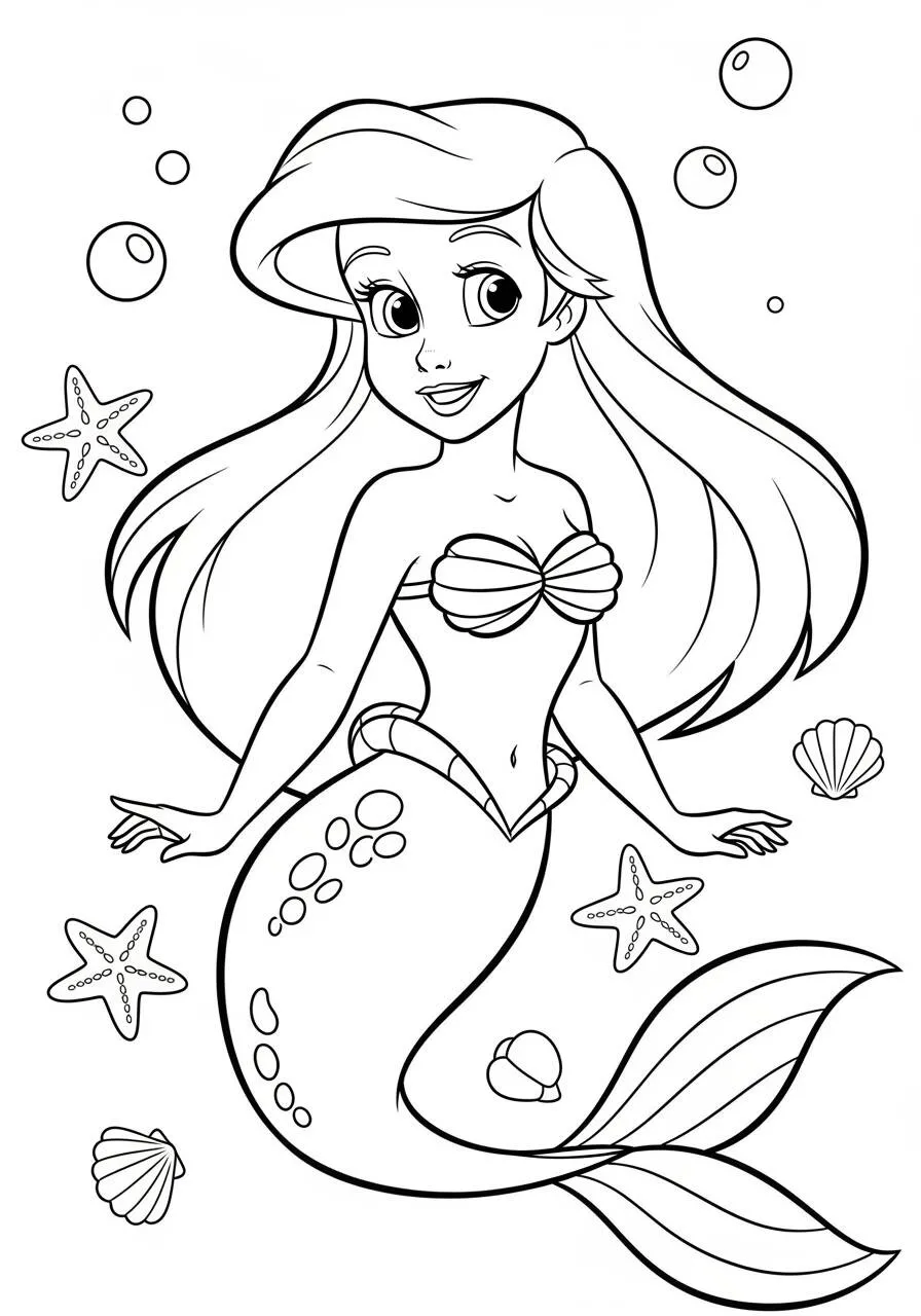 Dibujo para colorear de ariel, sirena y estrella de mar