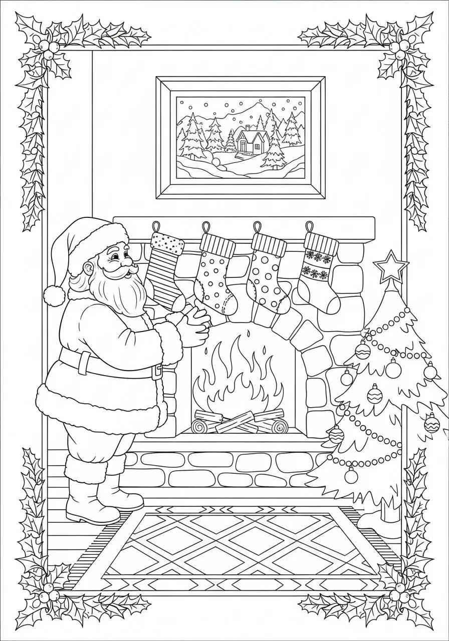 Desenho de Papai Noel na Sala com Árvore de Natal para Colorir