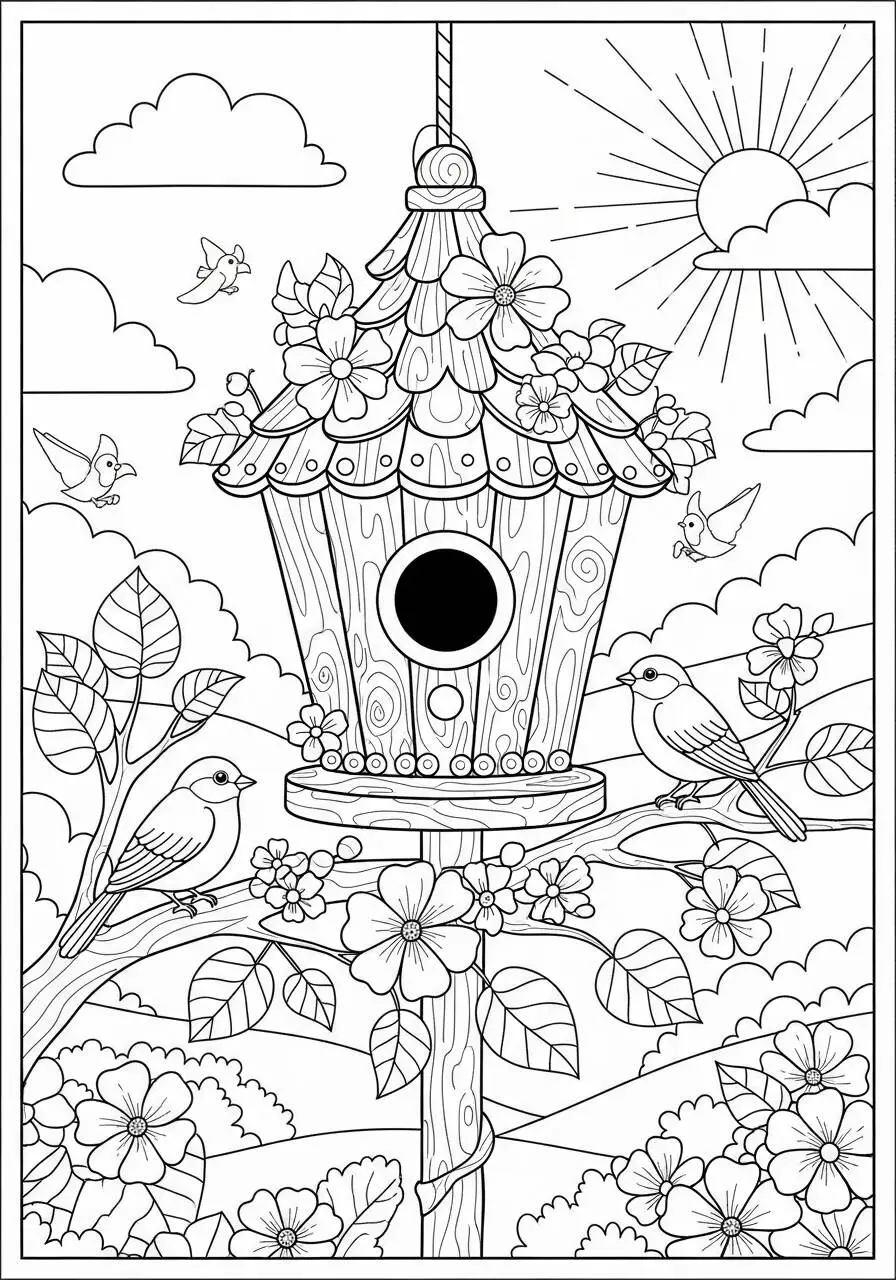 Desenho de Primavera com Pássaros e Casa de Passarinho para Colorir