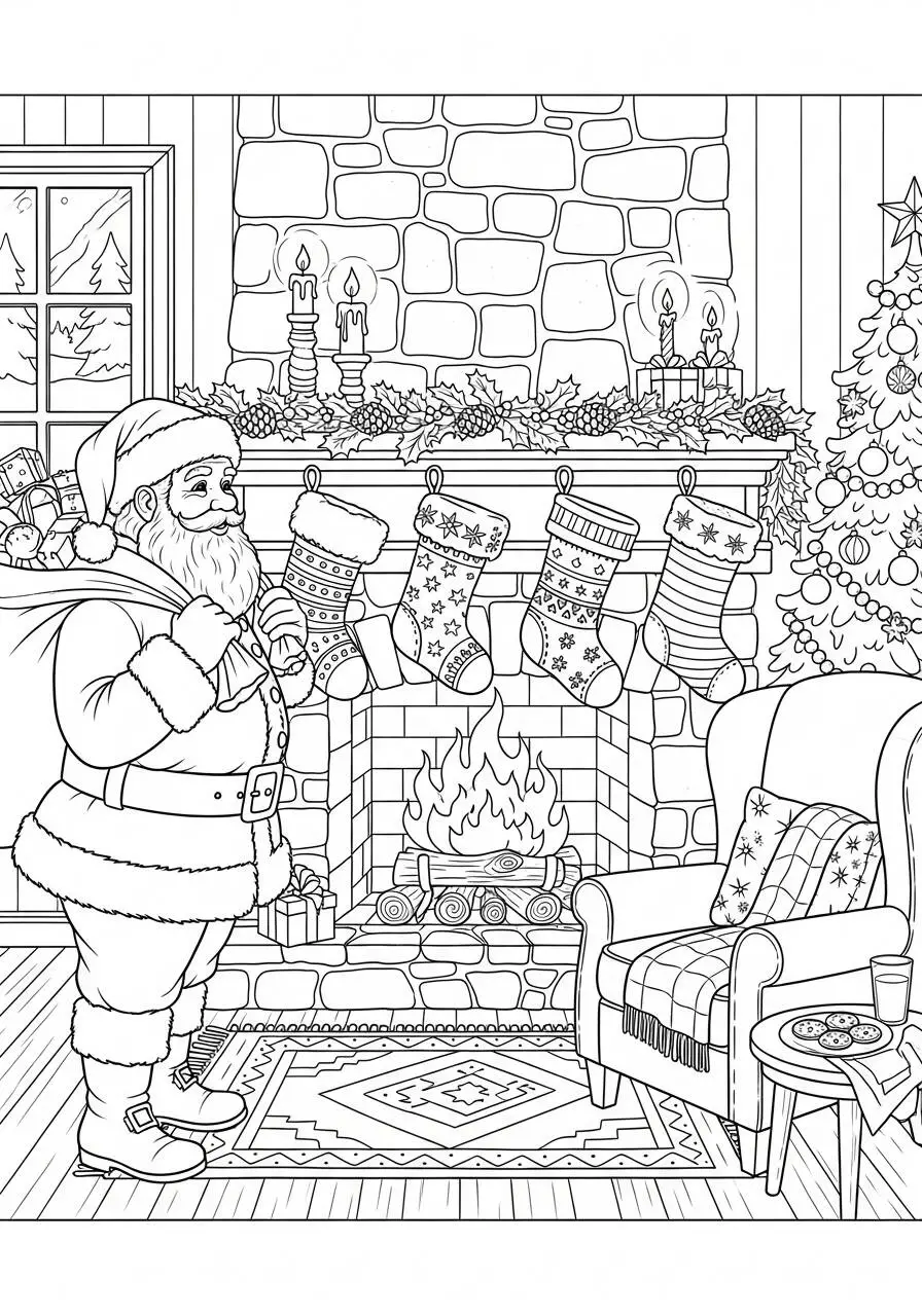 Desenho de Papai Noel na Sala com Meias Penduras para Colorir