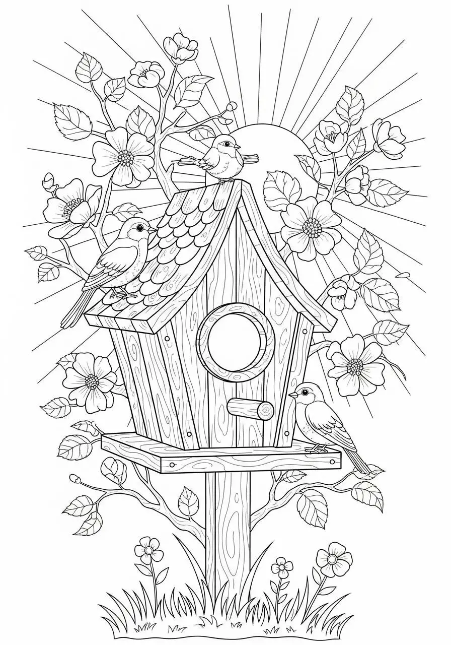 Desenho de Primavera com Pássaros e Casa de Passarinho para Colorir