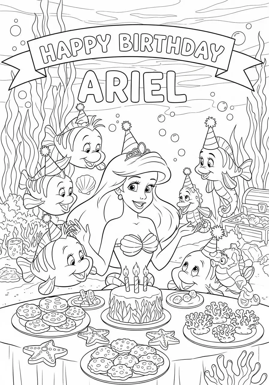 Dibujo para colorear de ariel celebrando su cumpleaños con amigos