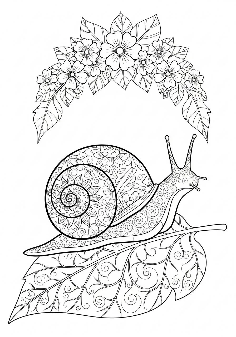 Desenho de Primavera com Caracol e Flores para Colorir