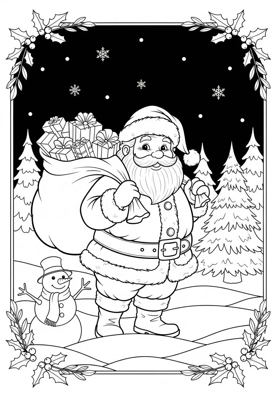 Desenho de Papai Noel com Saco de Presentes e Boneco de Neve para Colorir