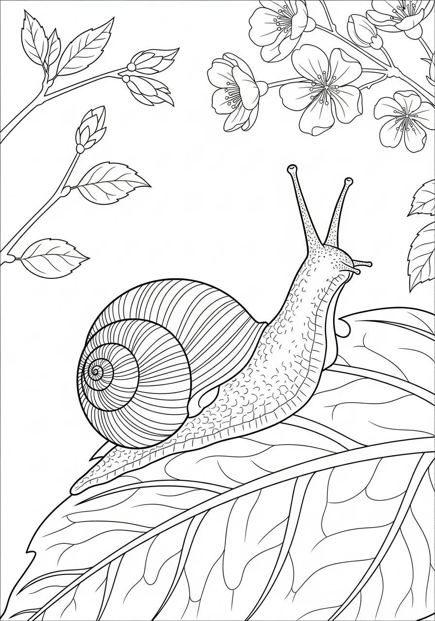 Desenho de Primavera com Caracol e Flores para Colorir