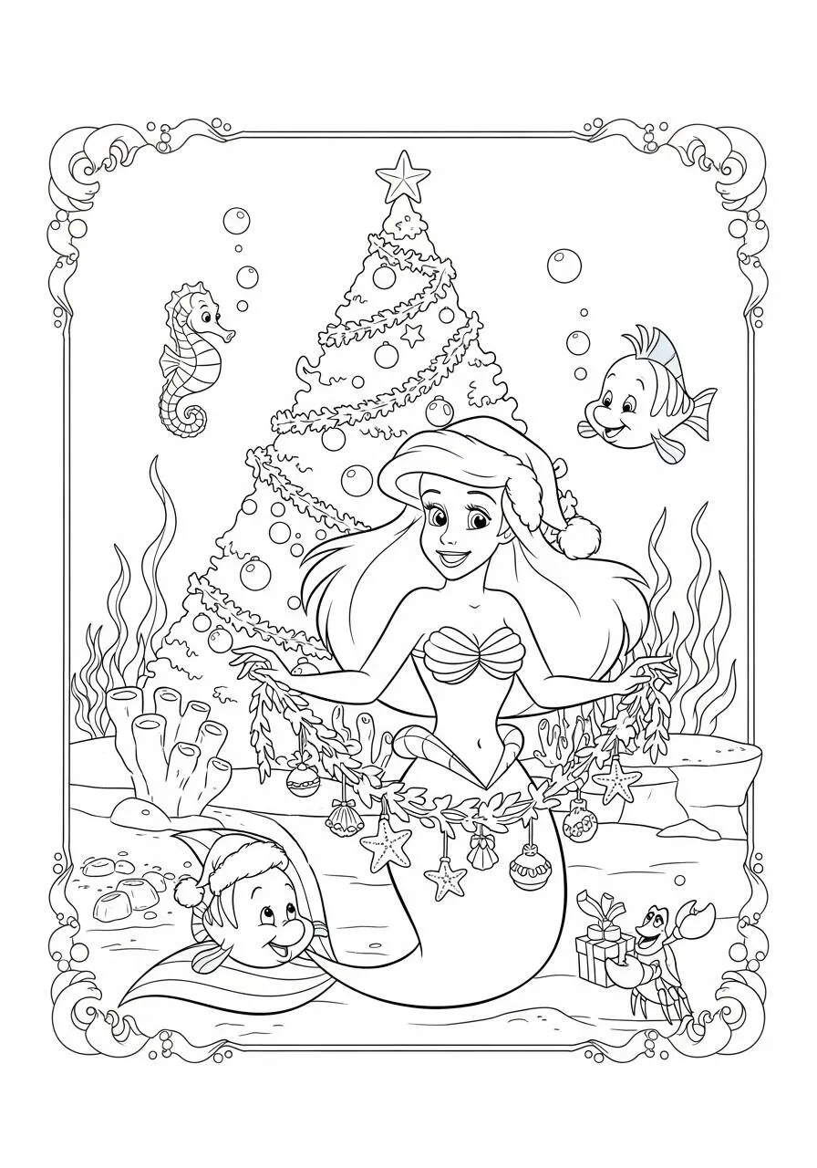 Dibujo de ariel Sirena con decoración navideña para colorear