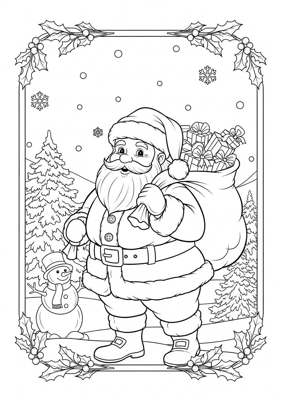 Desenho de Papai Noel com Saco de Presentes e Boneco de Neve para Colorir