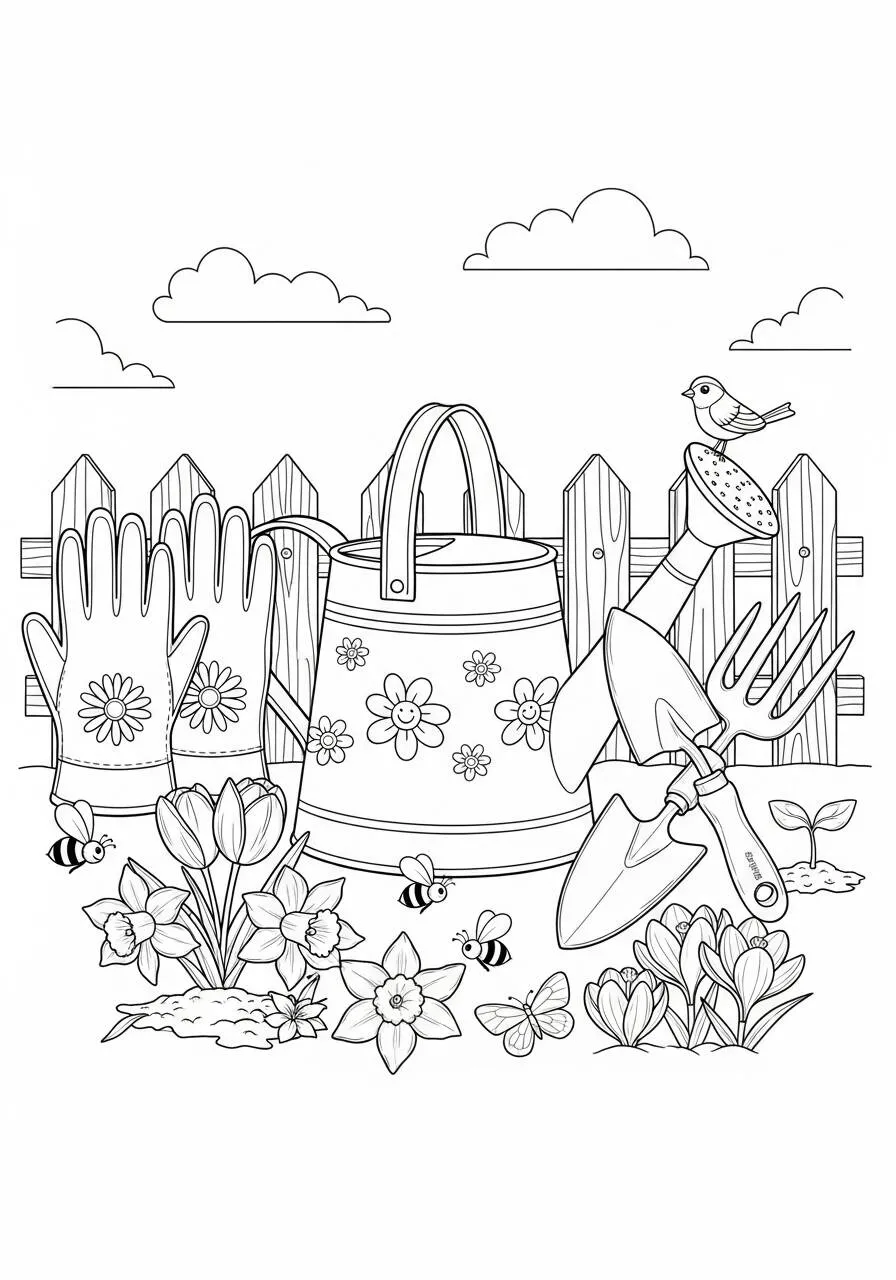 Desenho de Primavera com Ferramentas de Jardinagem e Flores para Colorir