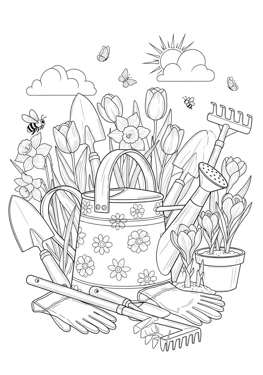 Desenho de Primavera com Ferramentas de Jardinagem e Flores para Colorir