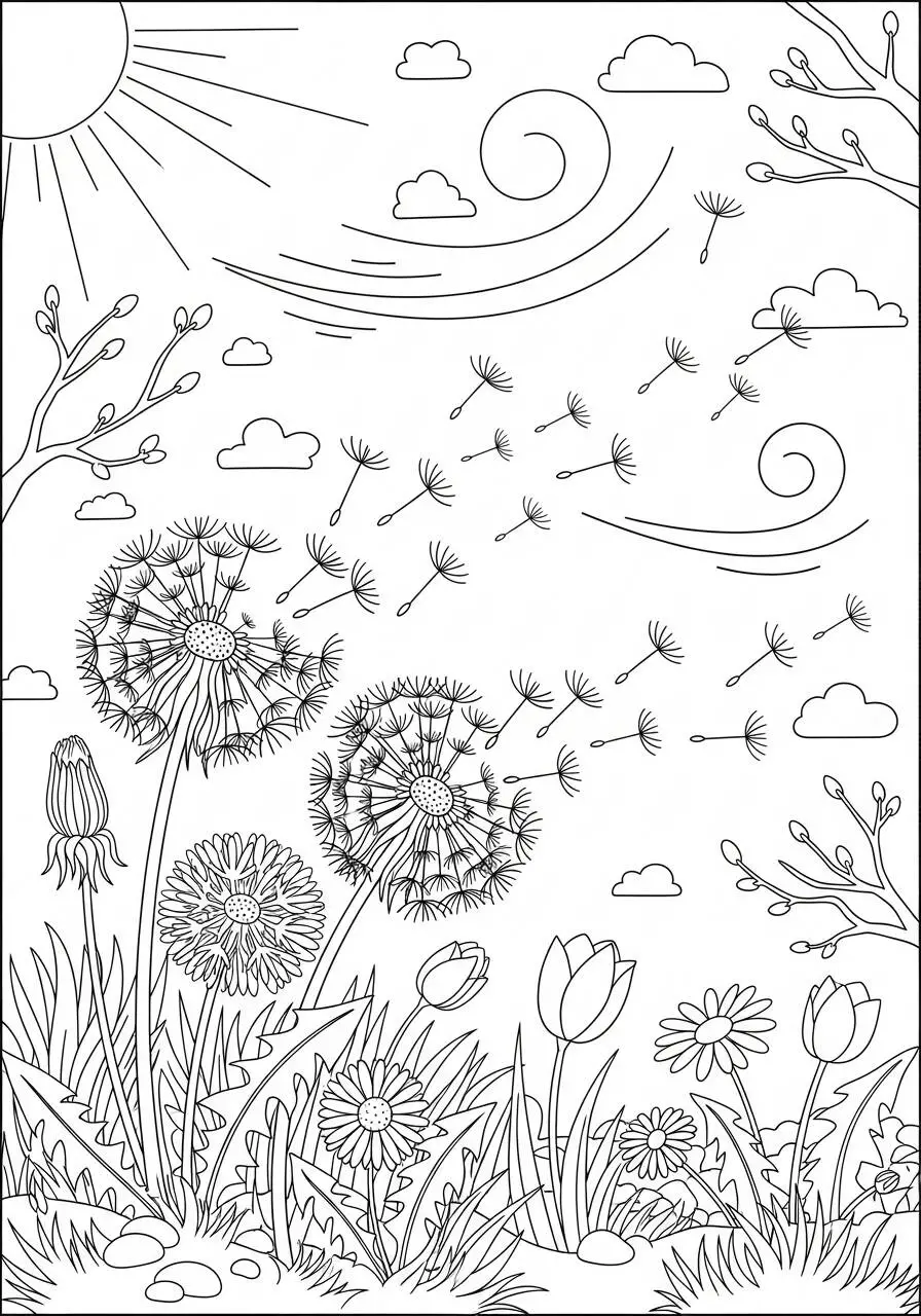 Desenho de Primavera com Flores e Pássaros para Colorir