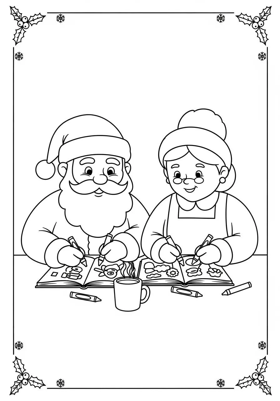 Desenho de Papai Noel e Mamãe Noel Colorindo Juntos