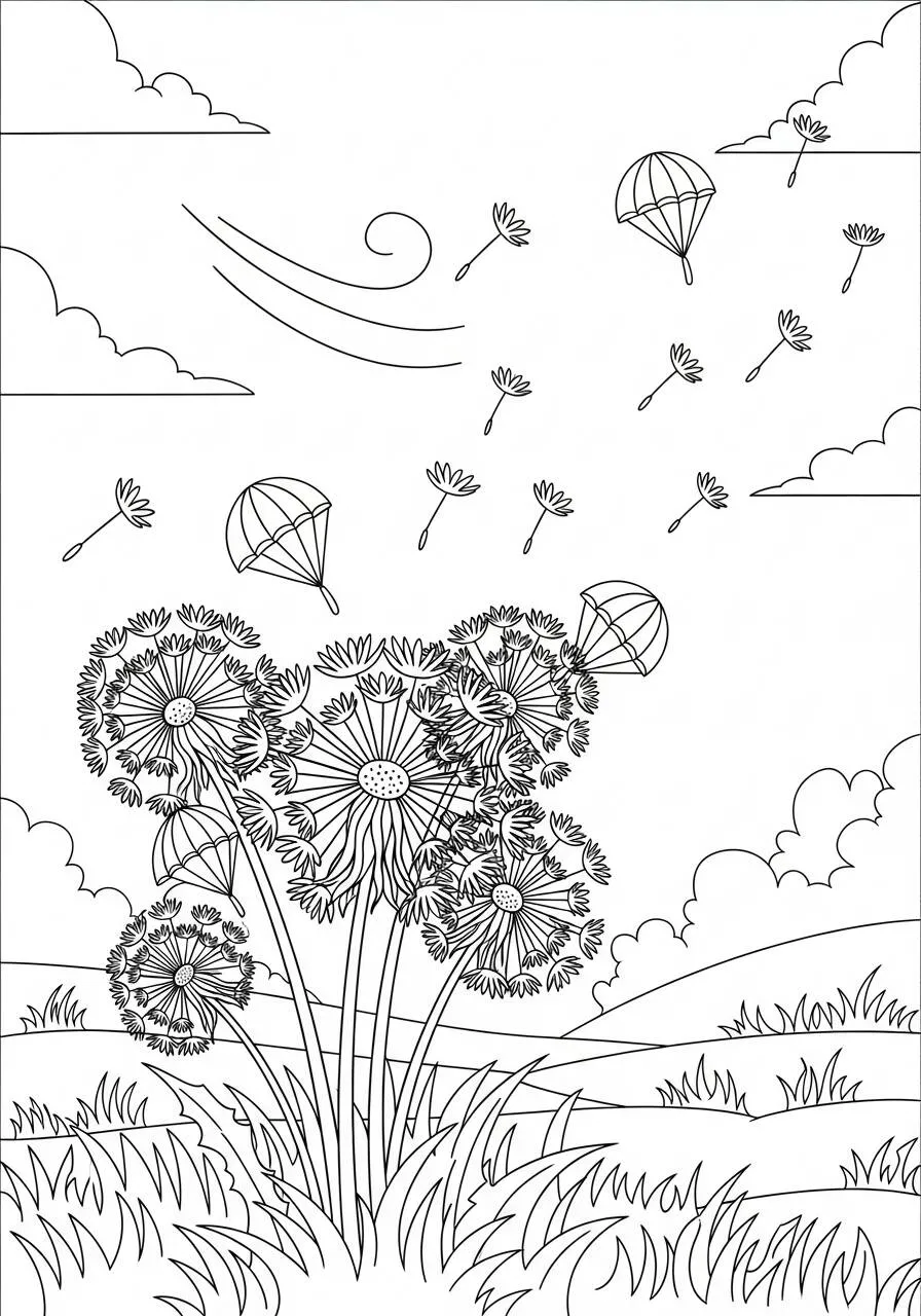 Desenho de Primavera com Flores de Dente de Leão e Nuvens para Colorir