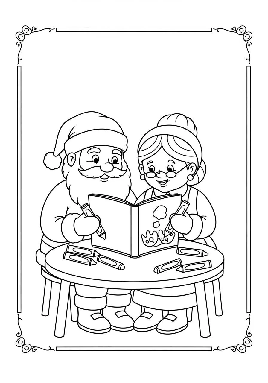 Desenho de Papai Noel e Mamãe Noel Colorindo Juntos para Colorir