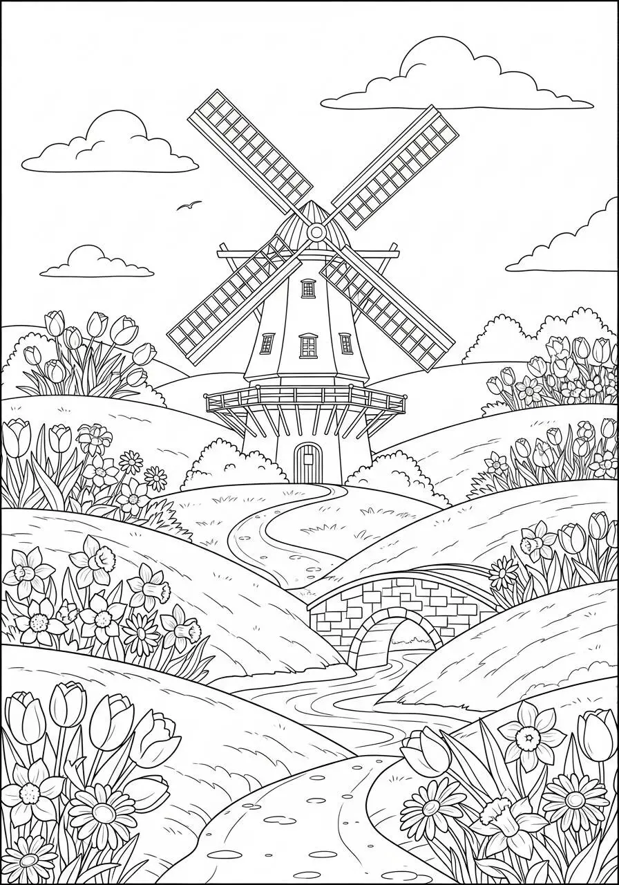 Desenho de Primavera com Moinho e Campos Floridos para Colorir