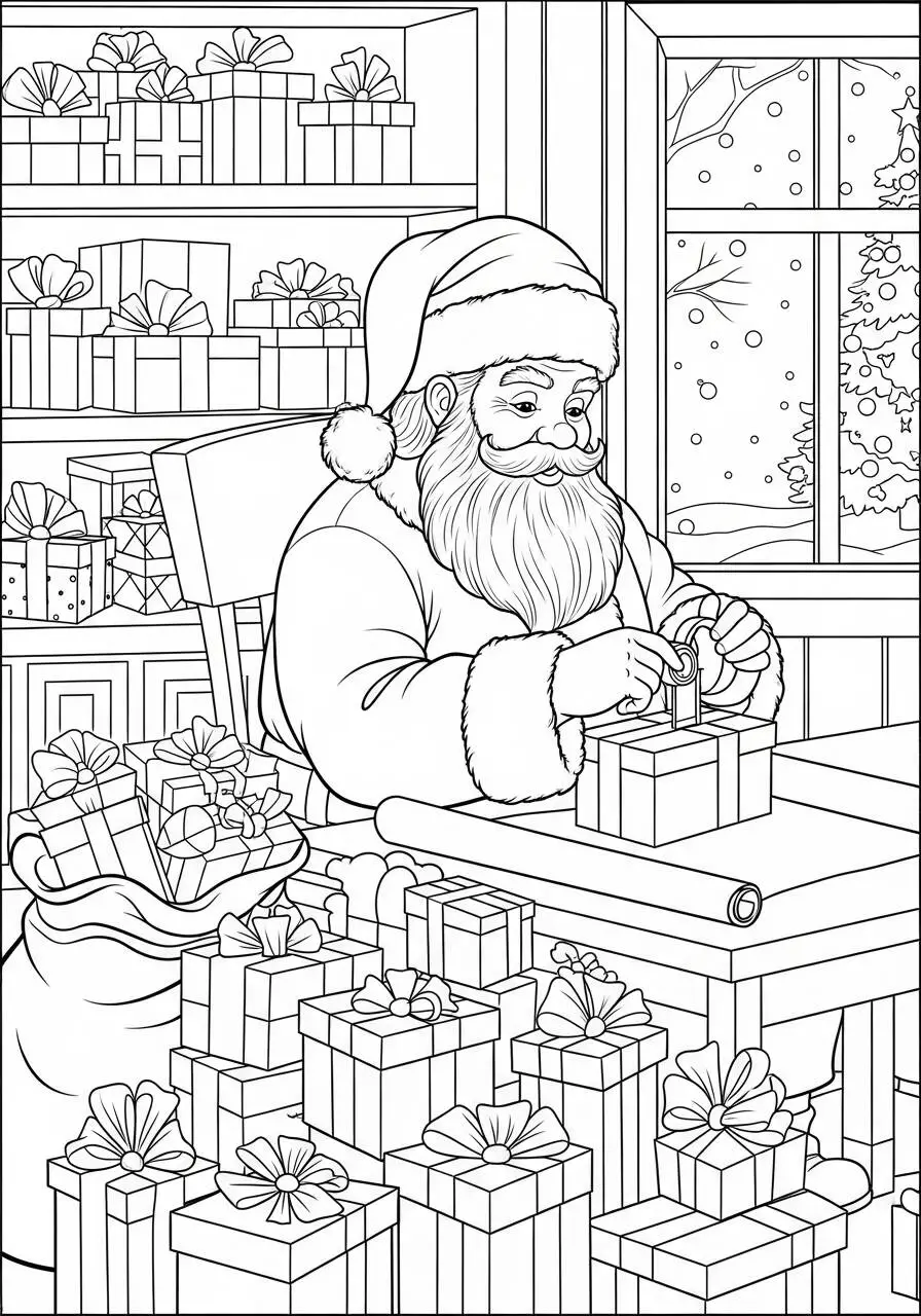 Desenho de Papai Noel Preparando Presentes para Colorir